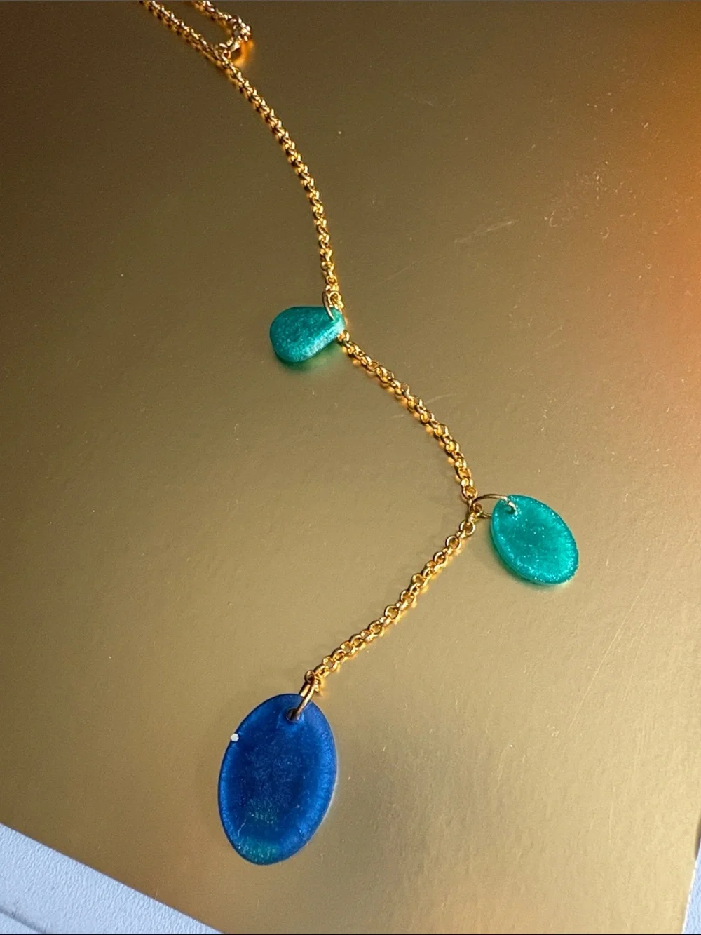 Emmy’s Creations Hand Crafted Gold Chain Necklace with Blue and Teal Glass Drops - Picture 2 of 4